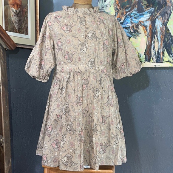 Let Me Be By Anthropologie NWT SZ 14 Babydoll Dress w Koi Fish/Floral Print - Picture 3 of 11